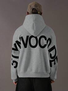 STYNVO 男士休闲字母印花连帽衫，秋冬街头风连帽衫，图案连帽衫，男士灰色连帽衫，男士短款连帽衫 - 灰色 - 查看 5