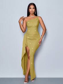 SOLERSUN Suitable For Christmas Party Vacation & Dating & Valentine's Day Dating Bright Red Asymmetrical Shoulder Straps High Side Slit Ruffle Trim Sparkly Long Dress For New Year Clothes Maxi Women Outfit Slit Dress Vegas Dress Sexy Vacation Dress Green Sparkly Dress Cruise Dress - Mustard Yellow - View 3