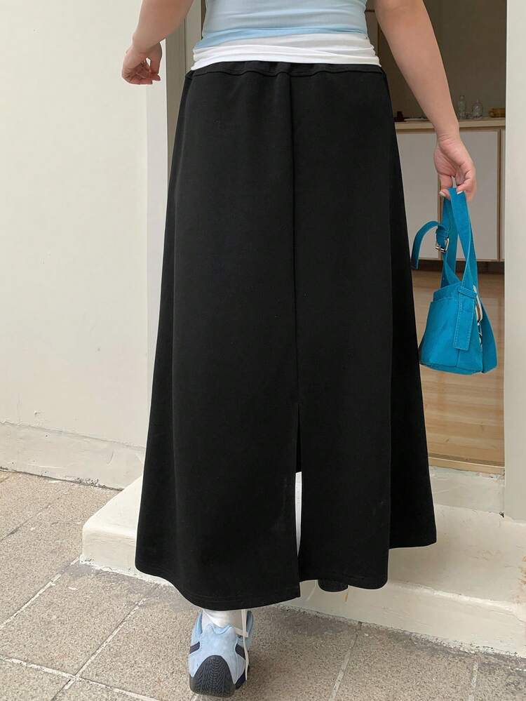 Dazy Plus Black Solid Color Fitted Long Tie-Waist Casual Versatile Skirt, Suitable For Spring And Summer