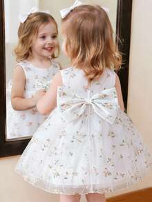 Glamorique Kids 女婴花卉刺绣缎面网纱露背蝴蝶结装饰高腰无袖连衣裙，女婴生日派对婚礼宾客优雅公主风长裙 - 米色 - 查看 1