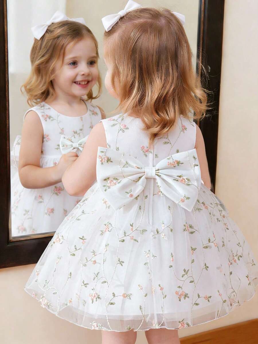 Glamorique Kids 女婴花卉刺绣缎面网纱露背蝴蝶结装饰高腰无袖连衣裙,女婴生日派对婚礼宾客优雅公主风长裙 - 米色 - 查看 1