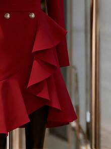 Franclia 女士优雅仿珍珠串珠下摆不对称中长连衣裙 - 紅色 - 查看 4