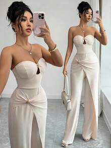 Elenzga Urban Chic 新款春夏杏色弹力抹胸扭结金属环装饰高腰阔腿连体裤，适合日常穿着、婚礼、正式场合、通勤、毕业派对、假日、约会、聚会、万圣节、圣诞节、新年、感恩节等场合。 - 杏色 - 查看 1