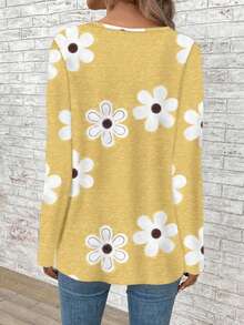 EMERY ROSE Camiseta holgada de manga larga con cuello en V y estampado floral para mujer de talla grande, casual de otoño - Amarillo - Ver 2