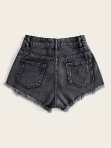 Breezaya Women's Pocketed Button Distressed Frayed Hem Casual Everyday Denim Shorts - Black and White - View 2