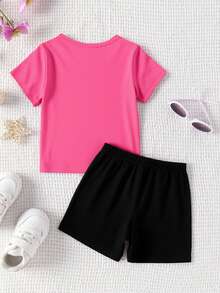 一套少女时尚彩色明星及韩流女团字母印花圆领短袖T恤和印花短裤套装，适合夏季外出穿着 - 彩色 - 查看 2