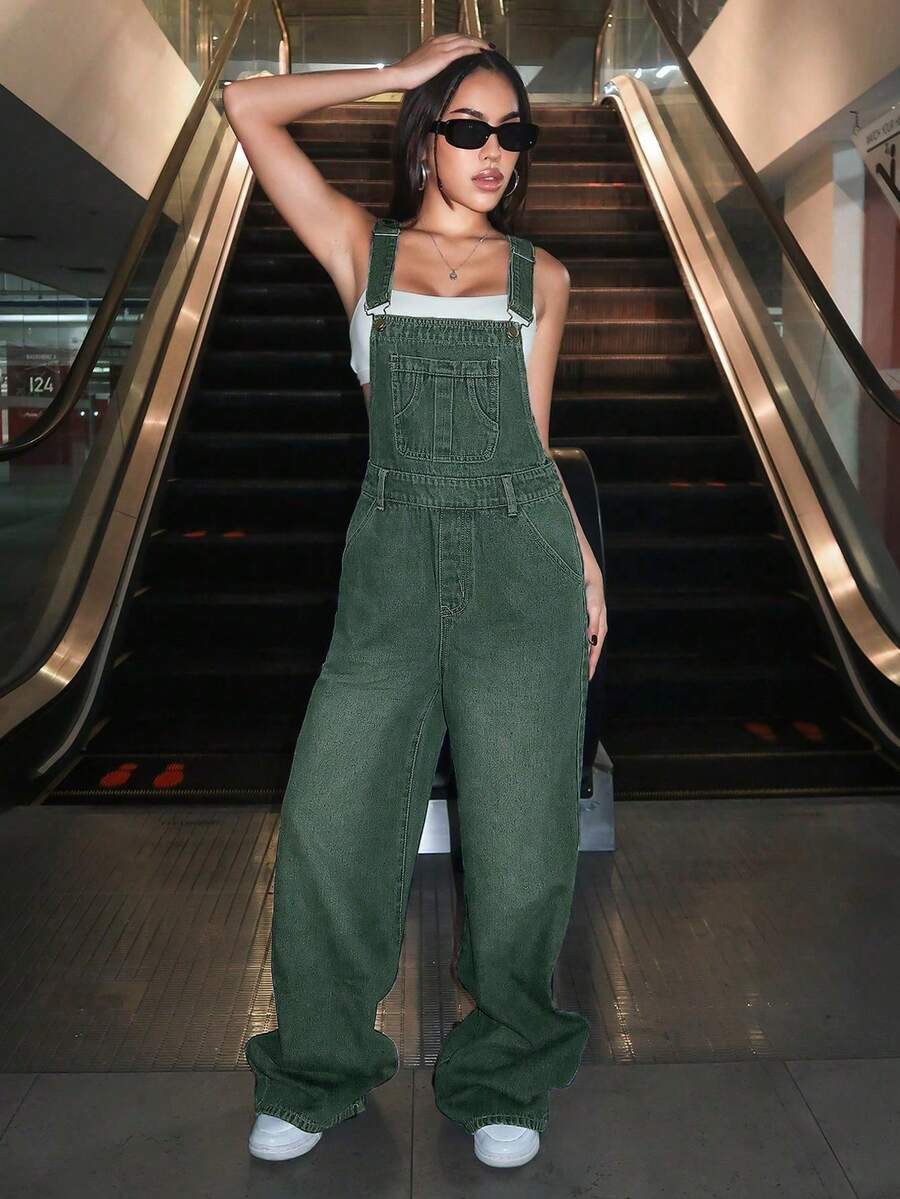 Jeanoix Bộ quần yếm denim kiểu retro dáng rộng thoải mái - Màu xanh Bạc hà - Xem 1