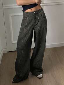 Livesso 女士破洞阔腿牛仔裤，西部风格 - 棕色 - 查看 1