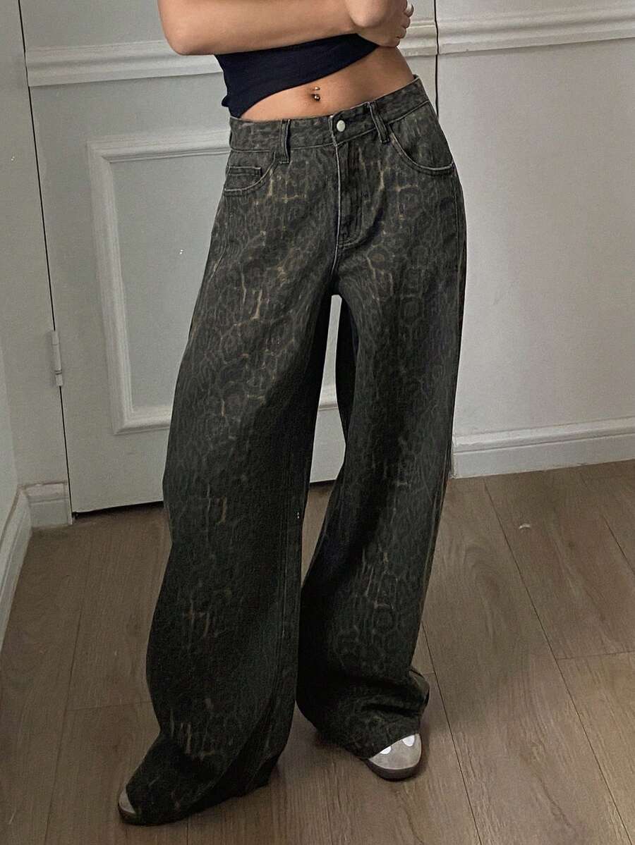 Livesso 女士破洞阔腿牛仔裤，西部风格 - 棕色 - 查看 1