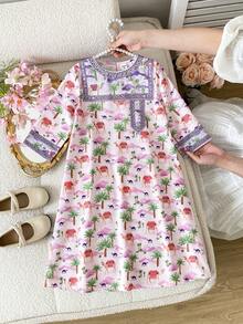 SHEIN Đầm dài tay in hình chim hồng hạc cho bé gái, kiểu dáng đi nghỉ mát, mùa thu. - Màu tím - Xem 2