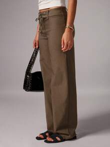 Avenya Casual Commuter Loose Solid Color Pants With Eyelet Lace-Up - Brown - View 4