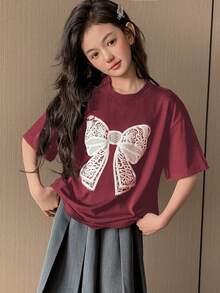 Dazy Kids Tween Girl Round Neck Knit Short Sleeve Bowknot & Floral Print T-Shirt, Spring/Summer - Red - View 2