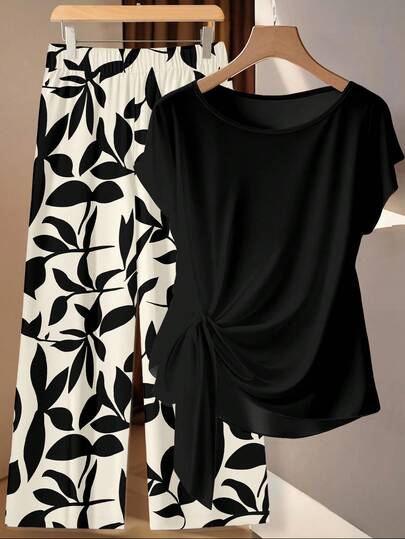 EMERY ROSE Plus Size Women's Solid Color Pleated Crew Neck Top And Holiday Leaf Shadow Print Wide Leg Pants 2 Piece Set, Suitable For Vacation Spring