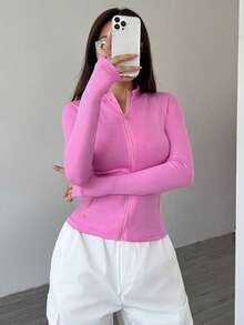 Flirla Women's Spring Autumn Solid Color Zippered Stand Collar Raglan Sleeve Fitted Jacket Fall Winter Cloth For Women - Pink - View 4