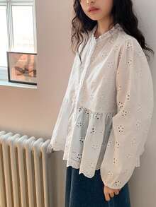 Dazy Kids Tween Girl Floral Embroidery Hollow Out Single-Breasted Long Sleeve Loose Smock Shirt - White - View 4