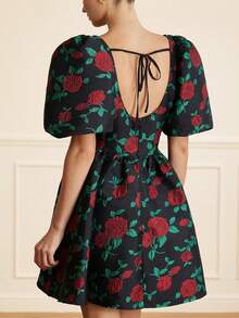 BELROSIE Schwarz & Rot Kontrast Farbe Rose Jacquard Stoff Quadratischer Kragen Puffärmel Kurzes Kleid, eleganter französischer Retro-romantischer Stil für Frauen - Verschiedenfarbig - Übersicht 2