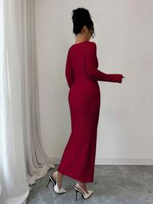 Bluhae 女士优雅纯色修身长连衣裙，秋冬款 - 紅色 - 查看 2