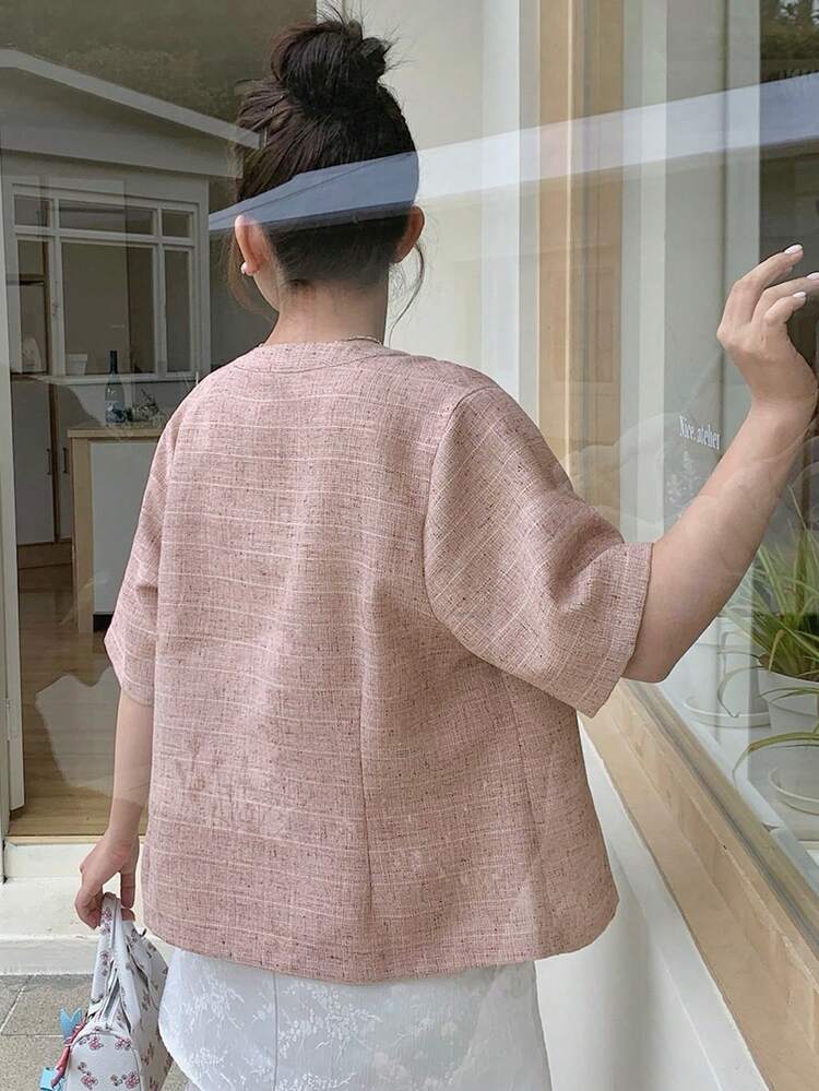 Dazy Plus Short Sleeve Cropped Cardigan, Solid Color Round Neck Shirt - Pink - View 7