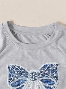 Resyla Women's Round Neck Bow Embroidery Pattern Short Sleeve Top And Drawstring Waist Pocket Shorts Casual Outfit - Light Grey - View 5
