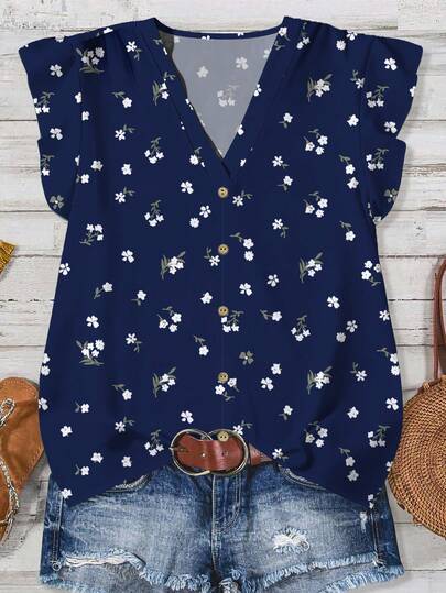 EMERY ROSE Camisa casual versátil de uso diario con cuello en V y estampado floral, adecuada para el verano, talla grande para mujer