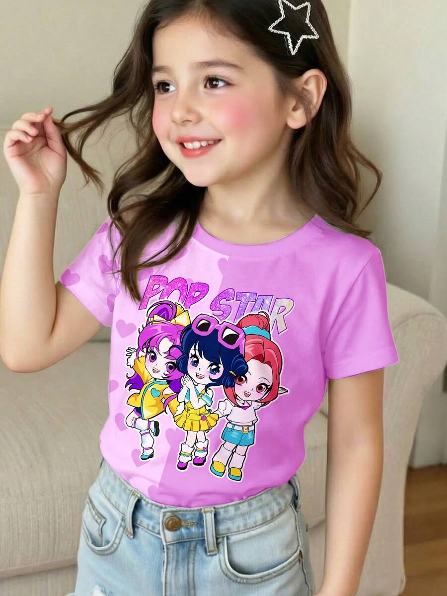SHEIN Cartoon Girl, Dopamine Color Purple Heart Contrast Print, Baby Girl Casual Minimalist Short Sleeve Crew Neck Top, Suitable For Summer - Multicolor - View 1