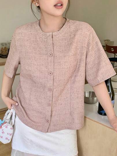 Dazy Plus Short Sleeve Cropped Cardigan, Solid Color Round Neck Shirt