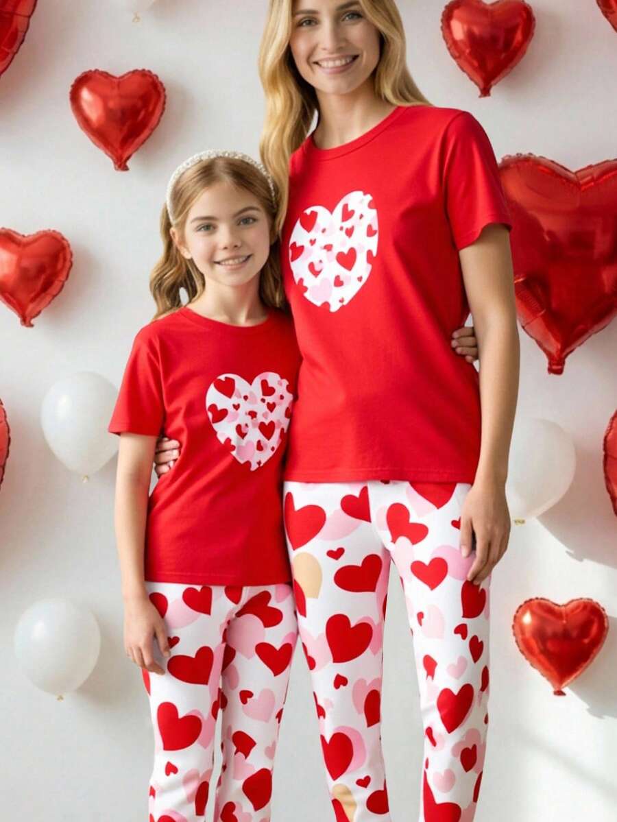 Elladie kids 少女爱心印花圆领短袖T恤和裤子休闲套装 - 紅色 - 查看 1