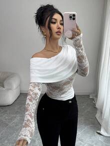 Elenzga Elegant Urban Chic New Women's White Lace Splice One-Shoulder Fitted Short Top, Suitable For Daily Wear, Weddings, Galas, Commuting, Graduation Parties, Holidays, Vacations, Dates, Parties, Halloween, Christmas, New Year, Thanksgiving, Weddings - White - View 6