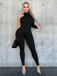 VaVaBold Asymmetrical Shoulder Unitard Jumpsuit Fall Cloth For Women - Black - View 4