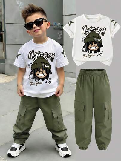 SHEIN 2件套卡通人物印花休闲舒适时尚男童抽绳工装短袖套装，短袖上衣