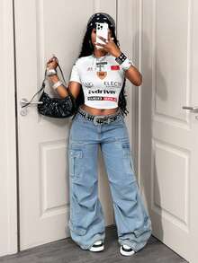 BamGleam Women's Round Neck Letter & Number Print Casual Versatile Daily Wear Short Sleeve T-Shirt - White - View 7