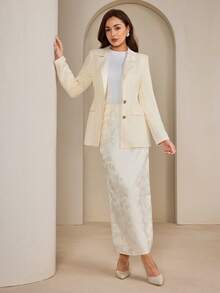 Modelyn Conjunto de traje de negocios minimalista de unicolor para mujer, conjunto de blazer y falda - Albaricoque - Ver 3