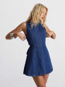 Jeanoix Đầm denim không tay, màu trơn, hở lưng, buộc dây, thời trang dành cho nữ, mùa hè. - Rửa tối - Xem 2