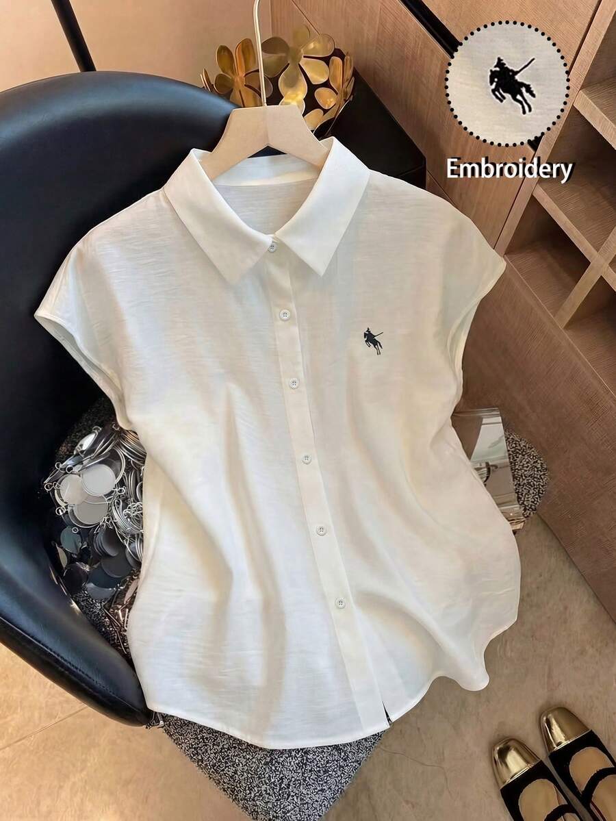 SHEIN LUNE 大码刺绣休闲衬衫 - 米色 - 查看 1