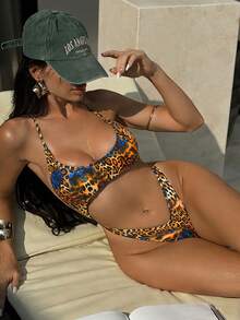 Swim SXY Áo tắm một mảnh kiểu Brazil gợi cảm dành cho nữ, họa tiết da báo, khoét lưng ngẫu nhiên, dây mảnh, thích hợp cho kỳ nghỉ hè ở bãi biển. - Nhiều màu - Xem 4