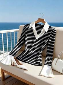 Chiquease 女士二合一黑白条纹喇叭袖休闲T恤，适合冬季、夏季、春季、情人节、浪漫约会、海滩、婚礼、生日、郊游、优雅休闲装、度假、毕业季及其他场合。 - 黑與白 - 查看 3