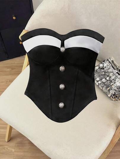 Franclia Parte superior sin mangas de punto elástico con contraste de negro y blanco y bolsillo falso para mujer, adecuado para citas, salidas, viajes, elegante, lujoso, casual, diario, versátil, profesional, negocios, oficina, chic urbano, sexy