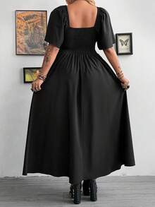 Whyspr New Spring/Summer Western Fashion Gothic Dark Style Patchwork Lace Fabric Dress, Ruffle Trim Tie-Up Design Lantern Sleeve Off-The-Shoulder Dress With Side Slit