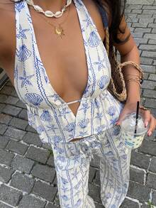 Sunnyshic Bộ đồ 2 mảnh gồm áo crop top cổ chữ V khoét sâu và quần ống rộng cạp cao họa tiết sao biển xanh và vỏ sò, thích hợp cho nữ mùa xuân/hè, đi nghỉ mát, dự tiệc, phong cách vintage tối giản, đa năng. - Màu xanh lam - Xem 3