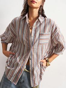 Bohemela Casual Woven Striped Loose Blouse For Women - Multicolor - View 4