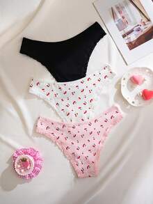 3 piezas/Paquete Bragas de mujer con lindo estampado de cerezas - Multicolor - Ver 2
