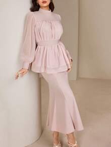 Graceveil 2pcs Women's Elegant High Collar Pleated Jewel Embellished Blouse Set Elegant Two Piece Set Tall Two Piece Set - Dusty Pink - View 1