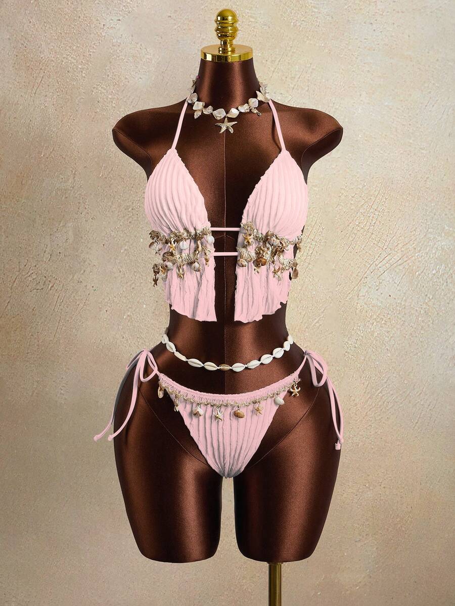 Zestiva Women's 2 Pieces Wavy Striped Shell Tape Splice Tie Neck Bikini Set, Summer - Pink - View 1