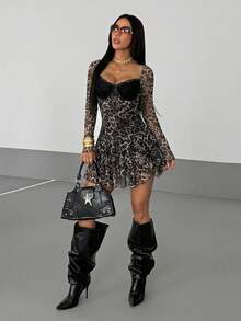 StreetHx Vestido mini con estampado de leopardo de manga larga, cintura ceñida, malla y encaje contrastante en la espalda, estilo streetwear, otoño/invierno - Marrón - Ver 3