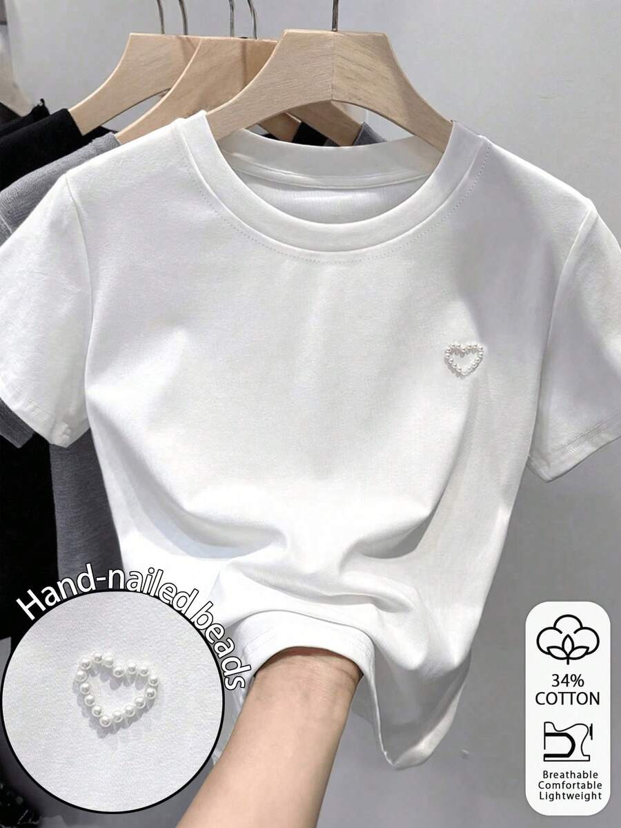 EMERY ROSE 女士圆领短袖手工串珠露脐T恤，Y2K风格 - 白色 - 查看 1