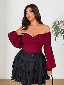 Vionelle Sexy Minimalist Pleated Waist Off Shoulder Plus Size Cropped Blouse - Burgundy - View 3