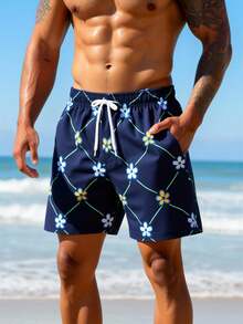 Manfinity Swimmode 男士夏季度假花卉格纹印花抽绳腰斜插口袋沙滩短裤 - 藏蓝色 - 查看 5