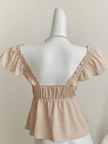 Flirla Blue Sweet Mori Girl Ruffle Trim Sexy Backless Low Neck Cropped Camisole Top - Khaki - View 2