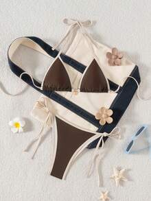 Swim SXY Women's Summer New Halter Tie-Up Contrast Trim Daisy Pendant Low-Waist Triangle Bikini Set - Brown - View 3