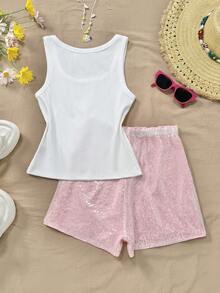 SHEIN LUNE 2026夏季新品：简约休闲女士纯色百搭背心+粉色亮片短裤 - 女士两件套，适合度假、休闲和日常穿着，女士夏季服装 - 彩色 - 查看 2